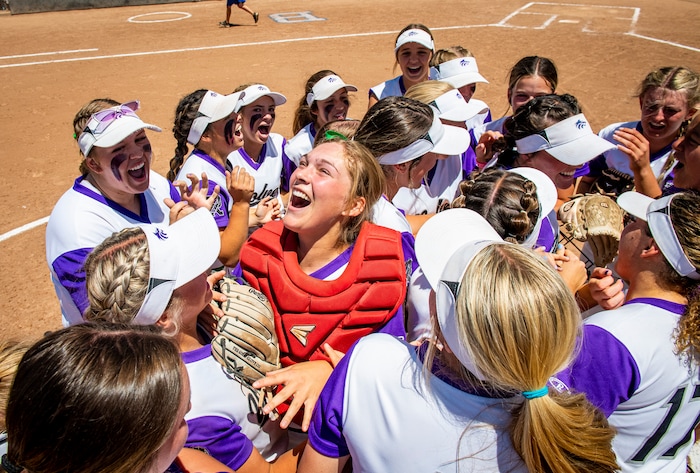 (Isaac Hale | Special to The Tribune) Riverton players celebrate after defeating the Bingham Miners in a best-of-three series to win the 6A state softball championship at the Spanish Fork Sports Park on Friday, May 28, 2021.