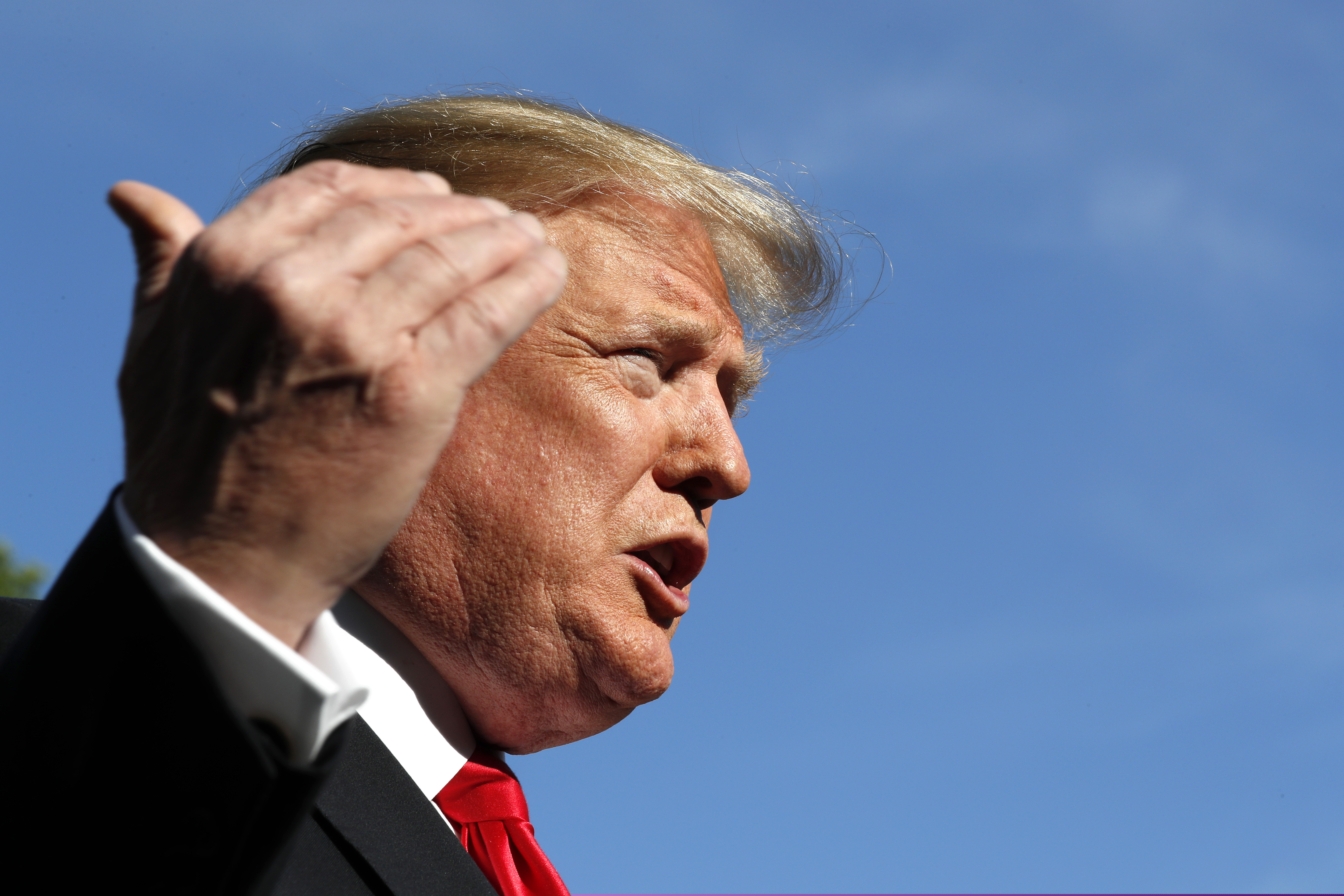 President Donald Trump speaks to the media outside the White House about a shooting at a synagogue in Poway, Calif., Saturday April 27, 2019, as he leaves Washington en route to Wisconsin. (AP Photo/Jacquelyn Martin)