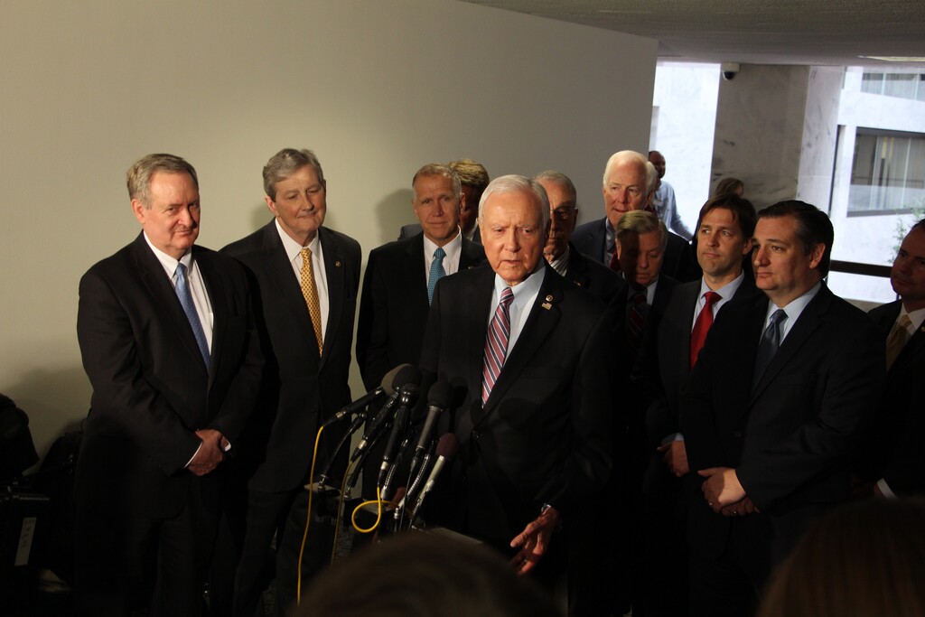 Courtesy | Office of Senator Orrin Hatch
Senator Orrin Hatch and other members of the Senate Judiciary Committee speak to the press after they voted in favor of President Donald Trump's Supreme Court pick Neil Gorsuch and to send the nomination to Senate floor for debate and vote, Monday, April 3, 2017, on Capitol Hill in Washington.