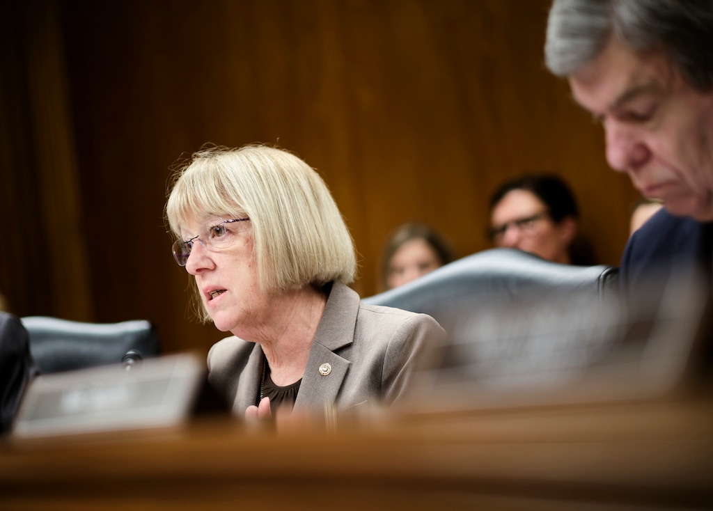 (T.J. Kirkpatrick | The New York Times) Sen. Patty Murray, D-Wash., during a Senate subcommittee in on Capitol Hill in Washington, Feb. 25, 2020. Murray is one of the sponsors of a new sick leave bill congressional Democrats are hoping to pass. The U.S. is one of the only rich countries not requiring employers to give their workers paid time off when they're sick.