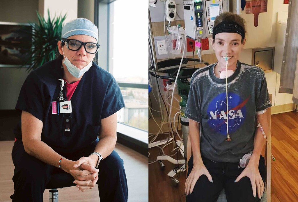 (Courtesy photos) Jill Hansen Holker was an intensive care nurse caring for COVID-19 patients in Utah County until she caught the virus in the fall. She spent two months on life support until receiving a double lung transplant in January. Now in February 2021, she is breathing on her own and out of intensive care.