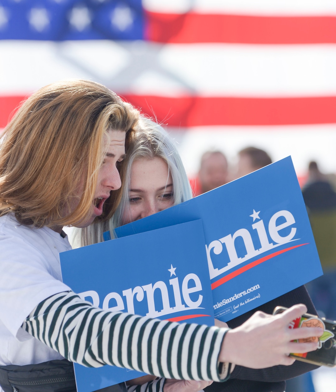 (Leah Hogsten  |  The Salt Lake Tribune) l-r Highland High School students Cole Cox ad Carina Volante skipped school to hear Vermont Sen. Bernie Sanders at the Utah State Fairpark, Mar. 2, 2020, one day before UtahÕs Super Tuesday primary.