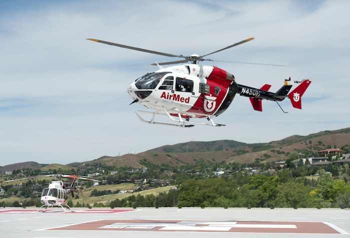 (Rick Egan  |  The Salt Lake Tribune)       An AirMed helicopter takes off from the helipad at the University of Utah. The University of Utah serves the single biggest geographic area of any academic medical center in the United States.  
Thursday, May 31, 2018.