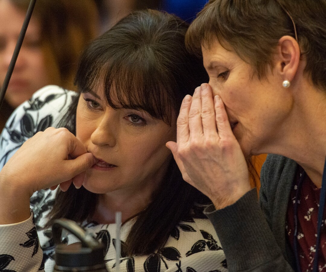 (Rick Egan  |  The Salt Lake Tribune)  Rep. Kim Coleman listens to Rep. Marsha Judkins, late in the evening of the final day of the 2019 legislature, Thursday, March 14, 2019. 