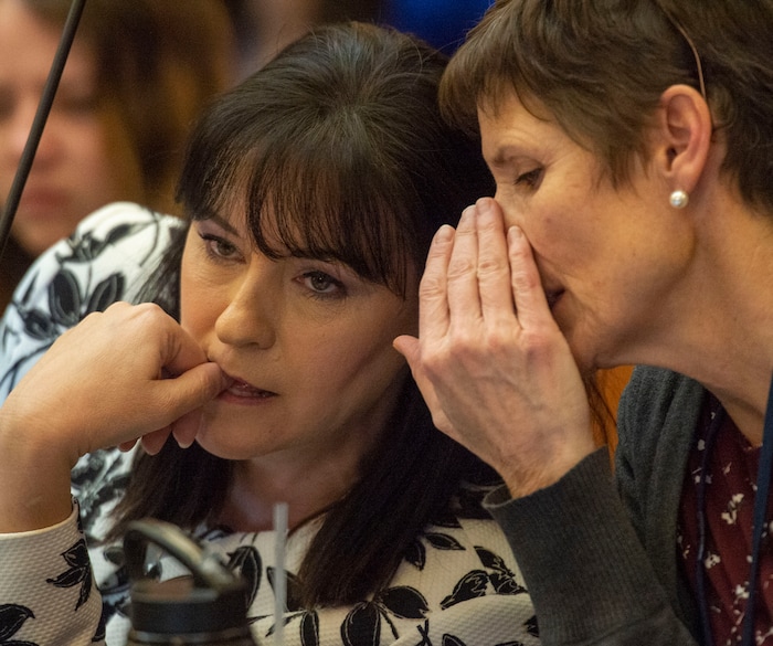 (Rick Egan  |  The Salt Lake Tribune)  Rep. Kim Coleman listens to Rep. Marsha Judkins, late in the evening of the final day of the 2019 legislature, Thursday, March 14, 2019. 


