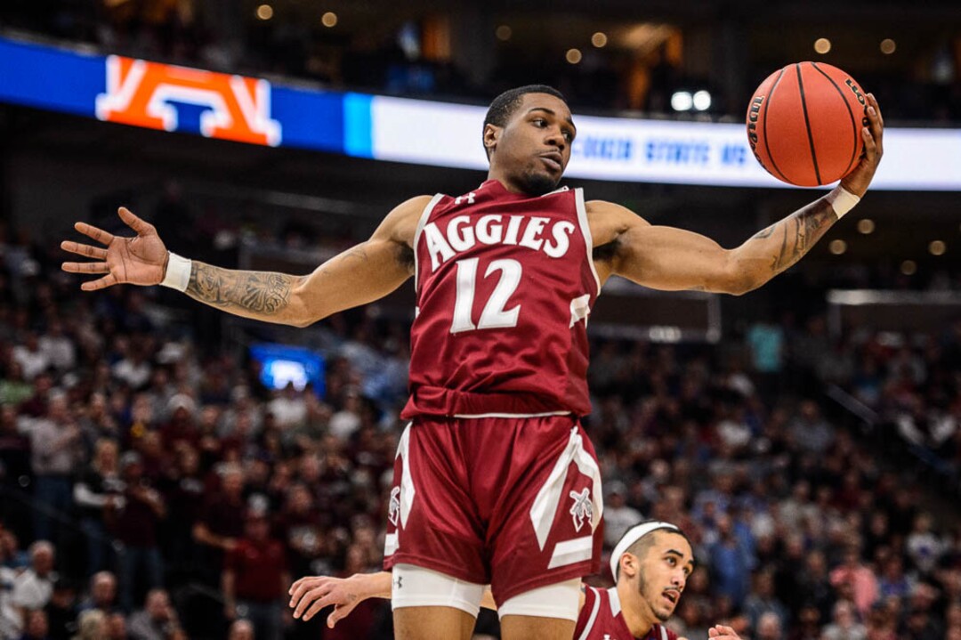 (Trent Nelson | The Salt Lake Tribune)  New Mexico State Aggies guard AJ Harris (12) as Auburn faces New Mexico State in the 2019 NCAA Tournament in Salt Lake City on Thursday March 21, 2019.