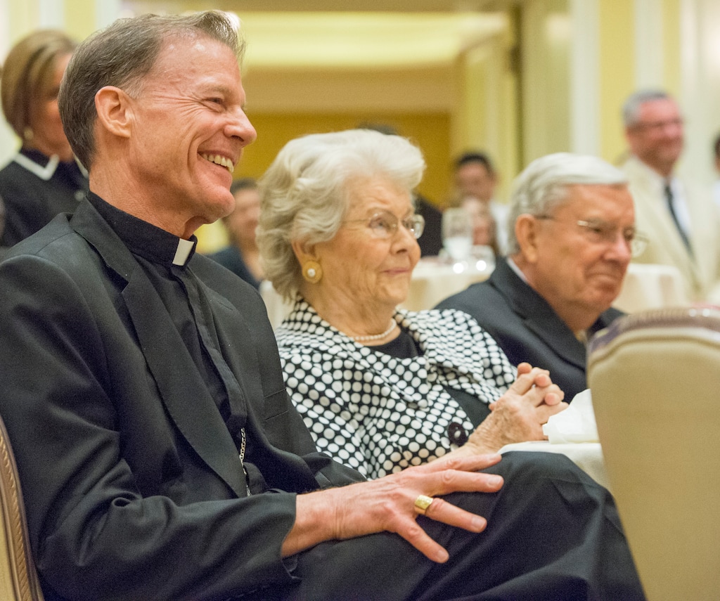 (Rick Egan | The Salt Lake Tribune) Catholic Bishop John Wester smiles as he sits with Barbara Ballard and her husband, apostle M. Russell Ballard, during a reception in Salt Lake City in 2015 before Wester's departure to New Mexico.