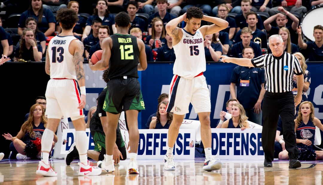 (Leah Hogsten  | The Salt Lake Tribune)  Gonzaga Bulldogs forward Brandon Clarke (15) reacts to a call against him as Baylor faces Gonzaga in the second round of the NCAA tournament in Salt Lake City on Saturday, March 23, 2019.