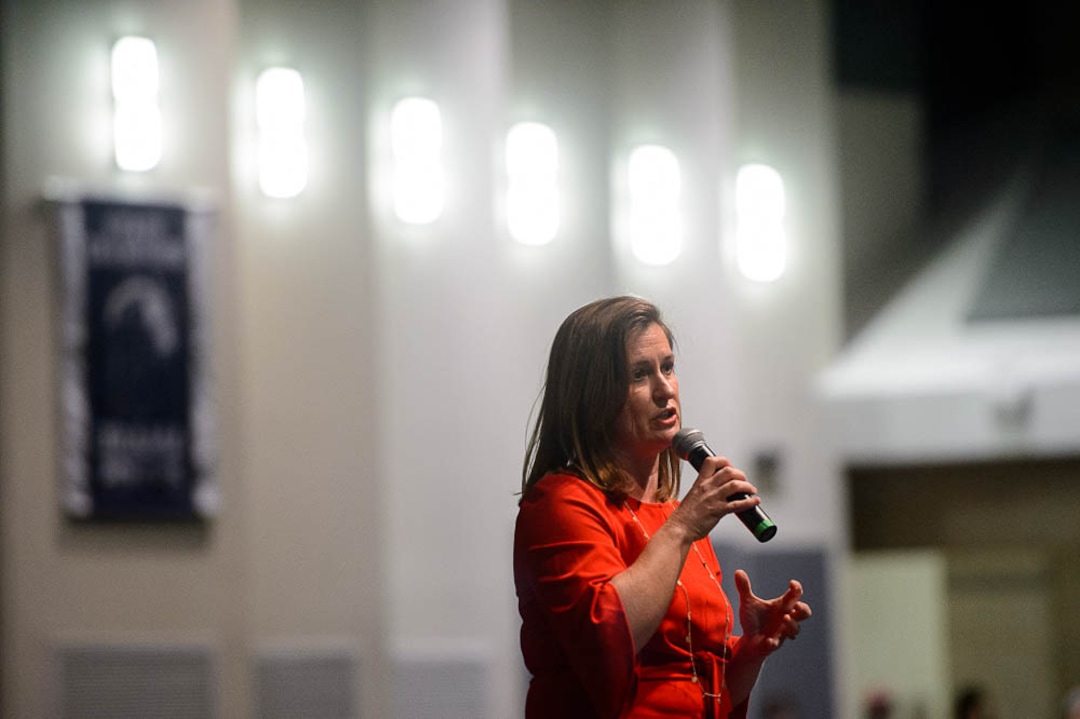 (Trent Nelson | The Salt Lake Tribune)  Jenny Wilson speaks as  members of the Salt Lake County Democratic Party's central committee gather to choose a new county mayor from a field of four candidates at Corner Canyon High School in Draper on  Saturday Jan. 26, 2019.