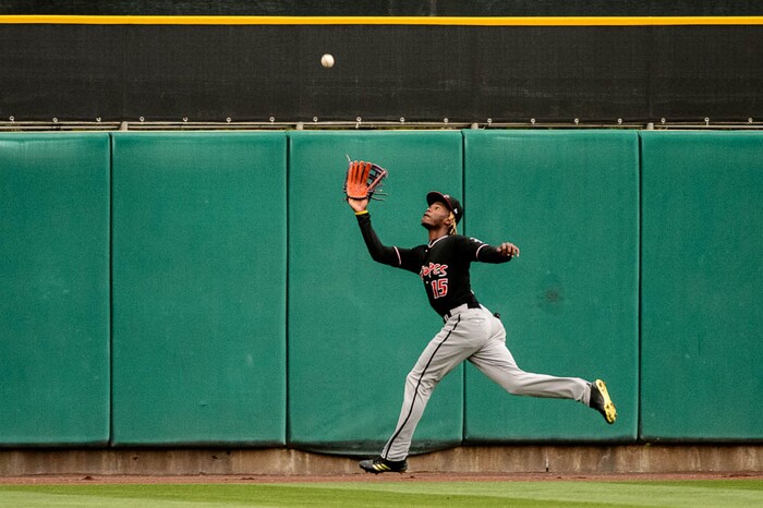 (Trent Nelson | The Salt Lake Tribune)  Salt Lake Bees vs. Albuquerque Isotopes, Triple-A baseball in Salt Lake City, Thursday April 5, 2018. Albuquerque's Raimel Tapia catches the ball in the second inning.