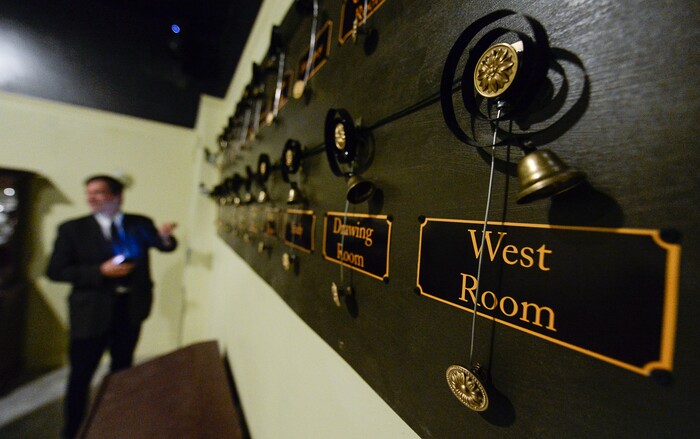 (Francisco Kjolseth  |  The Salt Lake Tribune)  Les Pardew, owner of the Mystery Escape Room at The Gateway gives a tour of the re-created rooms from "Downton Abbey" for its latest attraction.