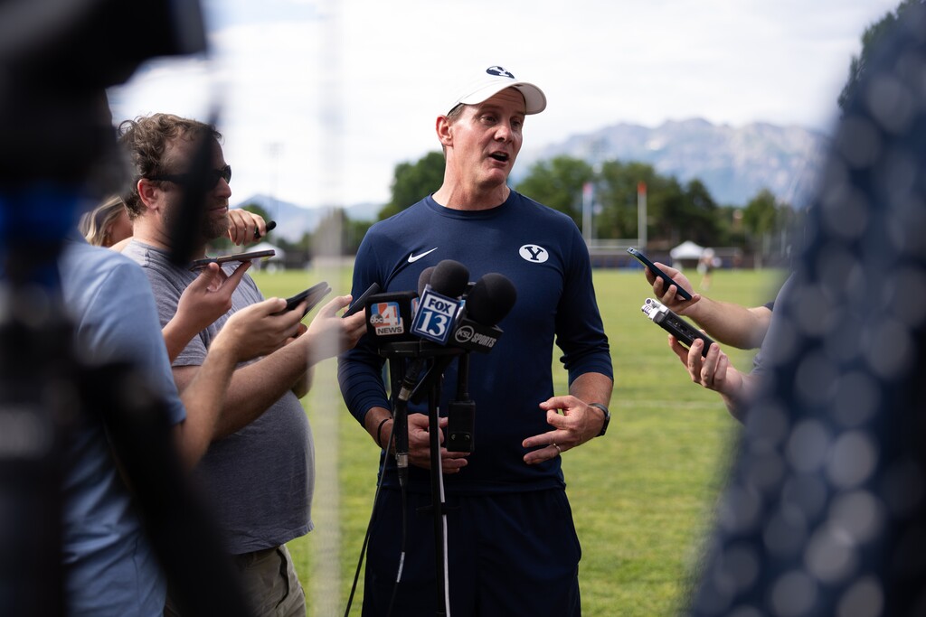 (Jaren Wilkey | BYU) Defensive coordinator Jay Hill speaks to media after the first day of BYU football fall camp in Provo, Tuesday, Aug. 1, 2023.