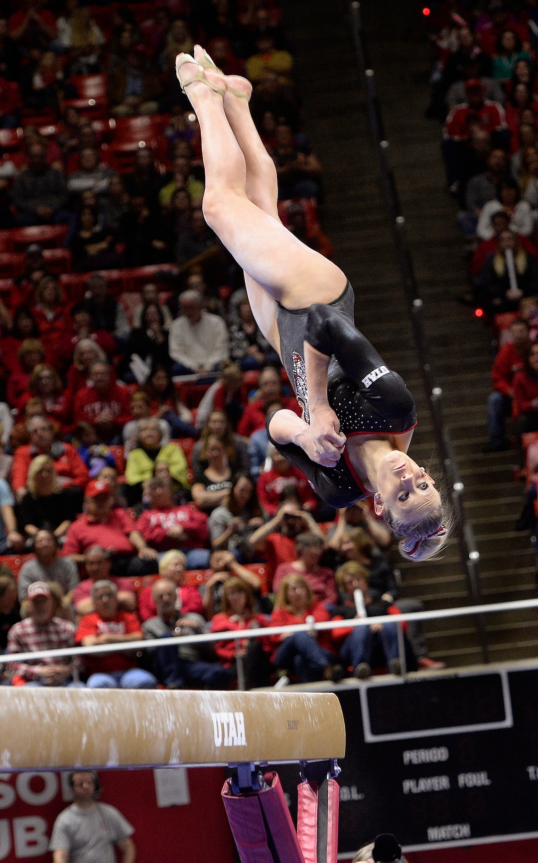 Scott Sommerdorf | The Salt Lake TribuneUtah's MaKenna Merrell during the dismount of her 9.775 beam routine. Utah outscored Stanford 197.500 to 196.275, Friday, March 3, 2017. 