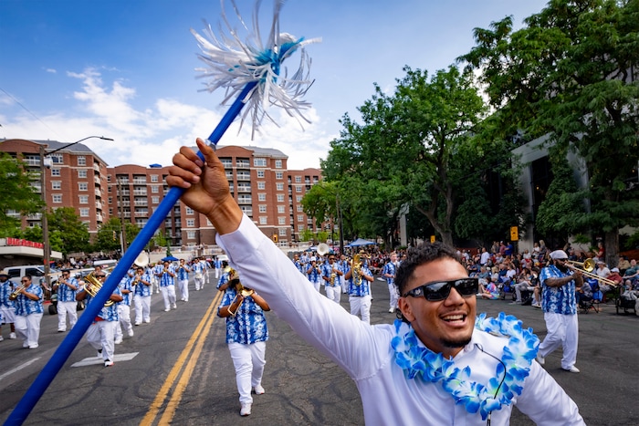 (Rick Egan | The Salt Lake Tribune) The Liahona Band marches in the Days of '47 Parade in Salt Lake City on Thursday, July 24, 2025.
