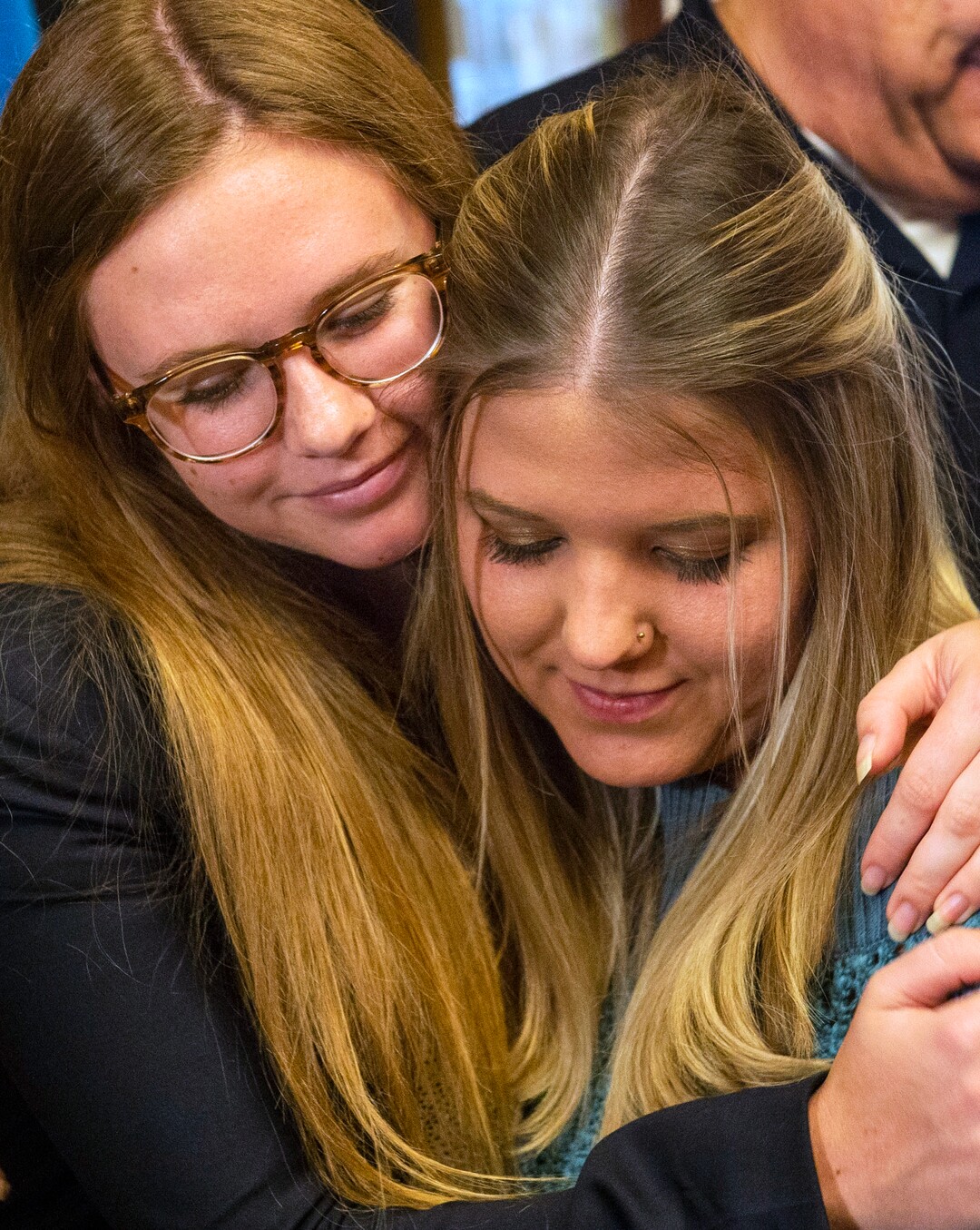 (Rick Egan  |  The Salt Lake Tribune)   Annie Mitchell hugs Tabitha Bell after a news conference at the City and County Building, Paul Cassell made an announcement regarding the Utah Supreme Court Petition on behalf of Jane Does and House Bill 281, Wednesday, April 3, 2019.