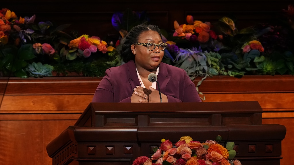 (The Church of Jesus Christ of Latter-day Saints)
Tracy Y. Browning, second counselor in the children's Primary general presidency, speaks at General Conference on Saturday, Oct. 1, 2022. She became the first Black woman in a general presidency and the first to give a sermon at General Conference.