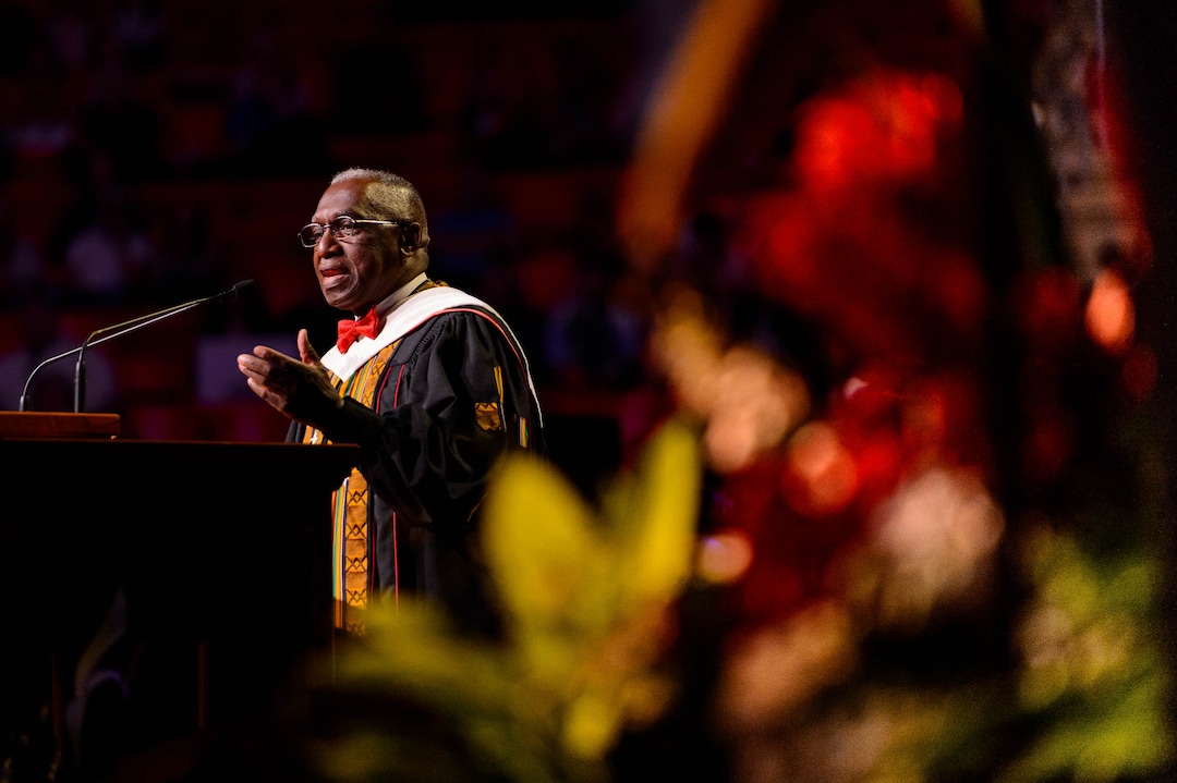 (Trent Nelson  |  The Salt Lake Tribune)  Pastor France Davis speaks at the University of Utah's commencement ceremony, in Salt Lake City on Thursday May 2, 2019.