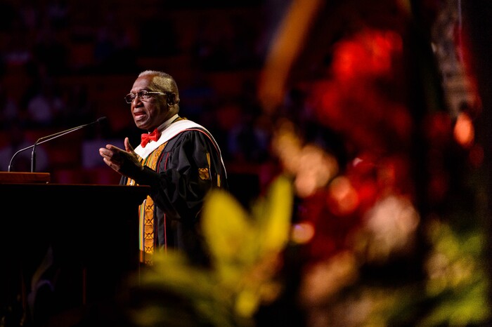 (Trent Nelson | The Salt Lake Tribune)
Pastor France Davis speaks at the University of Utah's commencement ceremony, in Salt Lake City on Thursday May 2, 2019.