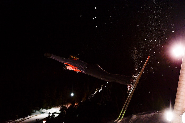 (Leah Hogsten  |  The Salt Lake Tribune) U.S. Freestyle Ski Team member Kaila Kuhn performs her aerial routine during practice Jan. 7, 2020 at the Utah Olympic Park.