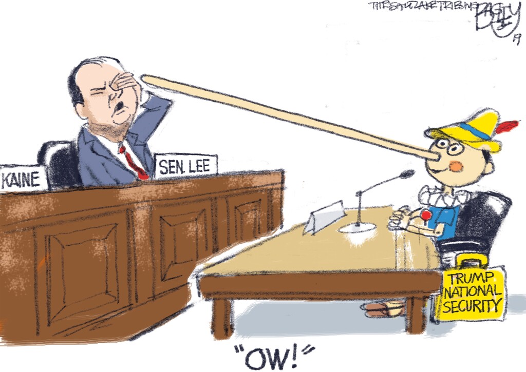 (Pat Bagley | The Salt Lake Tribune) This cartoon, titled "Trump's Big Stick," appears in The Salt Lake Tribune on Thursday, Jan. 9, 2020.