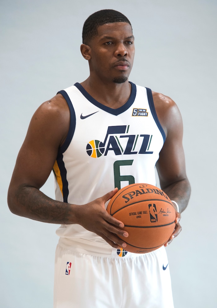 (Rick Egan  |  The Salt Lake Tribune)  Utah Jazz forward-guard Joe Johnson poses for photos, during the Utah Jazz media day, at the Zions Bank Basketball Center, Monday, September 25, 2017.


