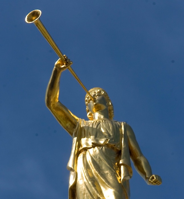 Angel Moroni with his trumpet atop the spire of the Salt Lake Temple.   Al Hartmann/Salt Lake Tribune     3/24/08