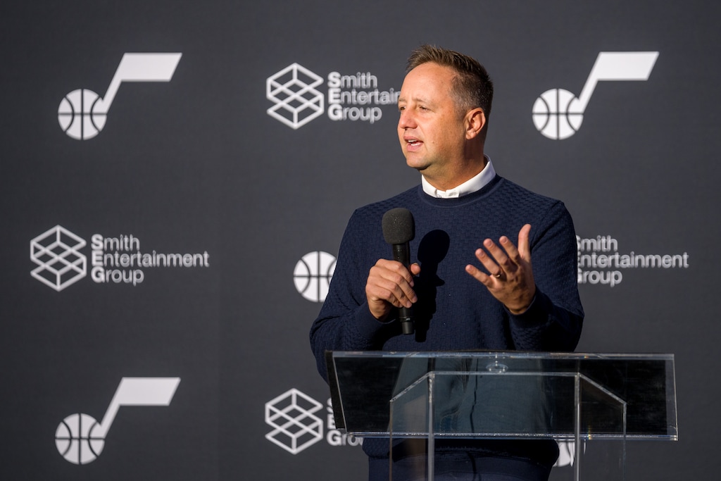 (Trent Nelson  |  The Salt Lake Tribune) Austin Ainge as the Utah Jazz announce a new practice facility in Sandy on Tuesday, Oct. 21, 2025.