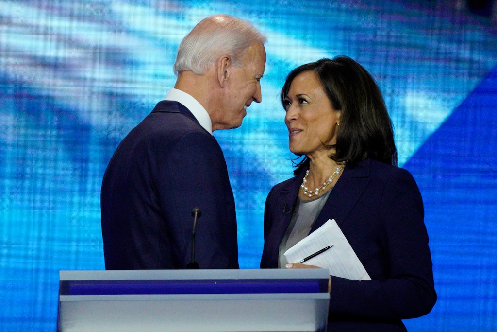 (David J. Phillip | AP file photo)

In this Sept. 12, 2019, photo, Democratic presidential candidate former Vice President Joe Biden, left, and then-candidate Sen. Kamala Harris, D-Calif. shake hands after a Democratic presidential primary debate hosted by ABC at Texas Southern University in Houston. Biden has chosen Harris as his running mate.