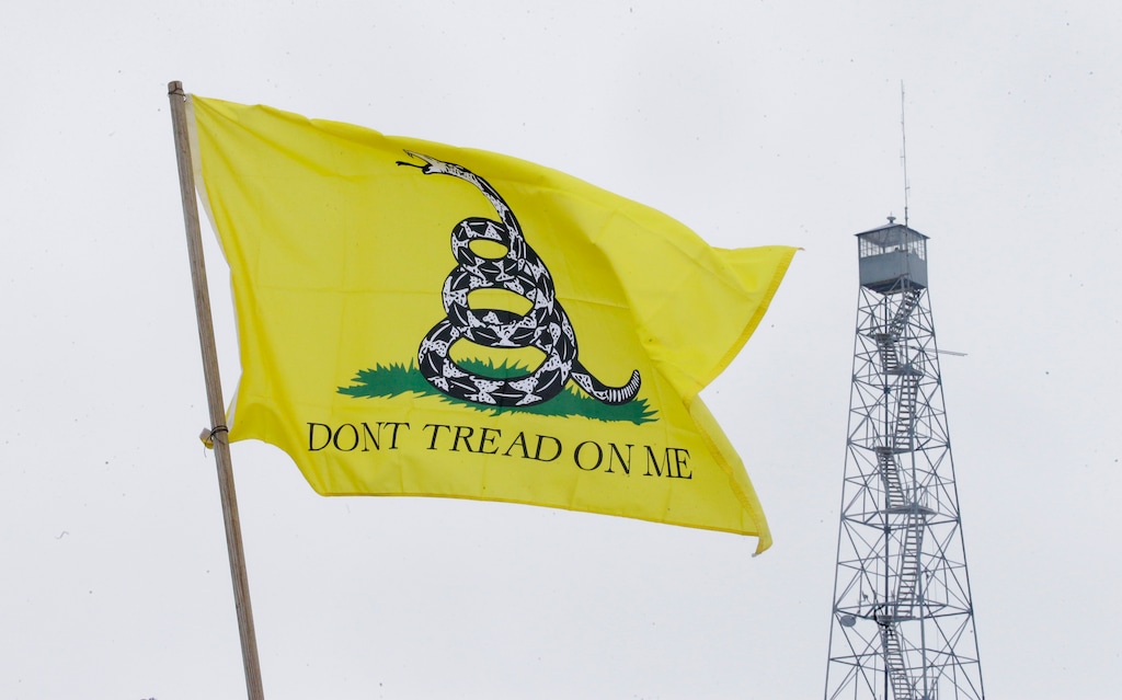A Dont Tread On Me flag flies at the entrance of the Malheur National Wildlife Refuge Sunday, Jan. 10, 2016, near Burns, Ore. (AP Photo/Rick Bowmer)