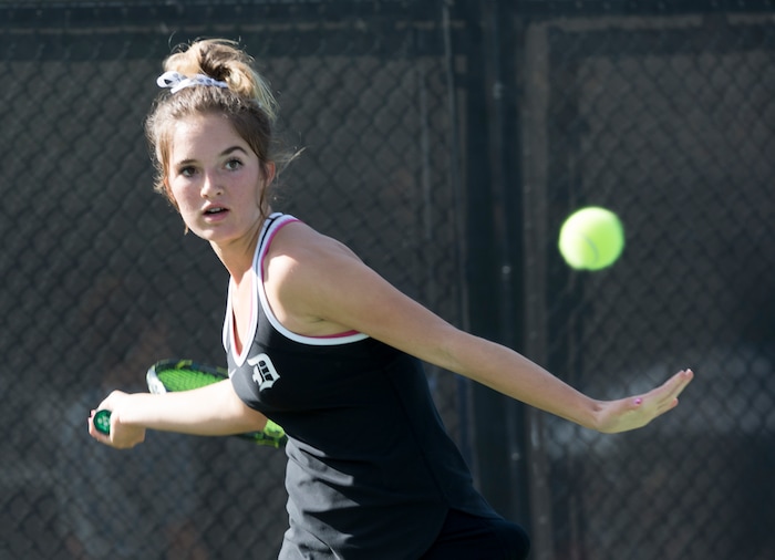 (Rick Egan  |  The Salt Lake Tribune) Mackenzie Turley, Davis High, plays Daniella Aaron, Lone Peak, in the 6A High School tennis championship game.  Turley defeated Aaron to place first in the #1 singles Friday, October 6, 2017.


