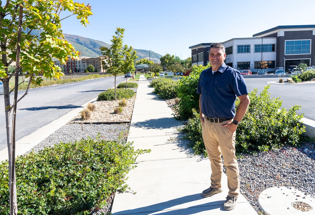(Rick Egan | The Salt Lake Tribune) Jake Young, landscape architect designed this park strip in Farmington, on Monday, Sept. 25, 2023.