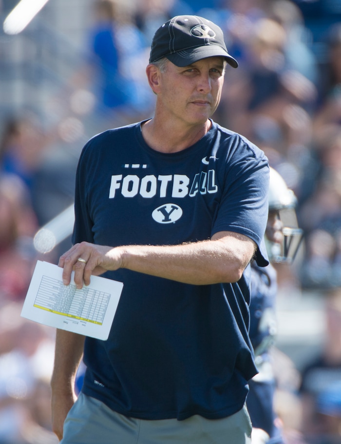 (Rick Egan  |  The Salt Lake Tribune) BYU quarterback coach Ty Detmer, gives instructions, during the Cougars public scrimmage at Lavell Edwards Stadium, Thursday, August 17, 2017.