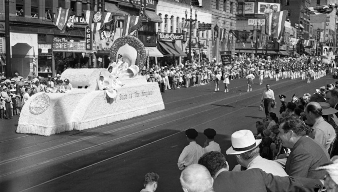 (Photo courtesy of Utah State History) Wendell Willkie, at right — an attorney and then the Republican nominee for president — watches the floats in the 1940 Pioneer Day parade on Salt Lake City's Main Street. It was one of the biggest editions of the annual parade before World War II.