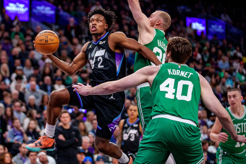 (Trent Nelson  |  The Salt Lake Tribune) Utah Jazz guard Collin Sexton (2) as the Utah Jazz host the Boston Celtics, NBA basketball in Salt Lake City on Friday, March 21, 2025.