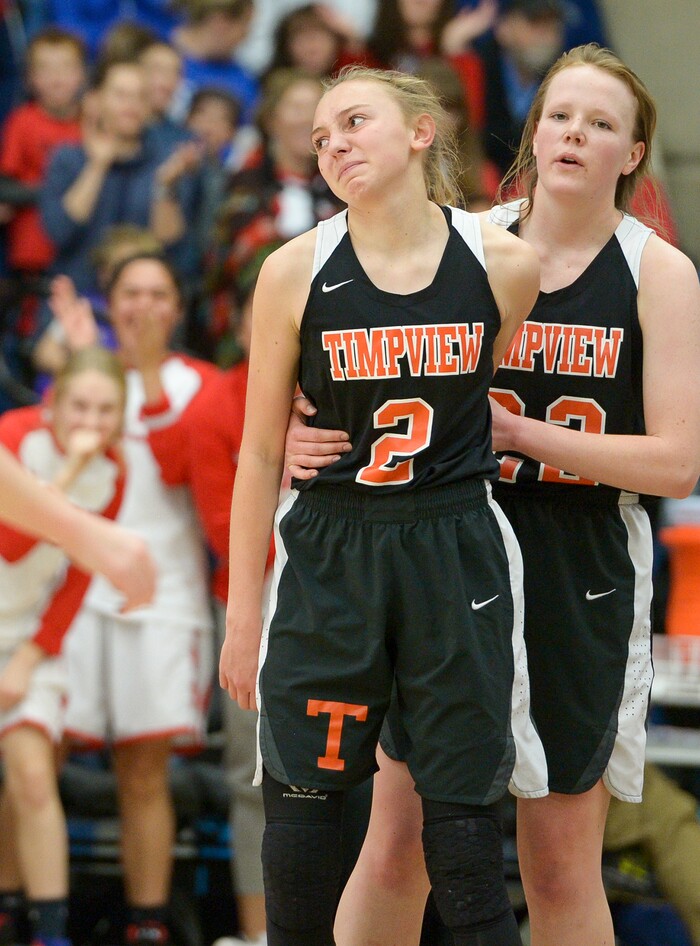 (Leah Hogsten  |  The Salt Lake Tribune) Timpview's Hannah Glazier (22) tries to rally her teammate Timpview's Madelyn Boulton (02) during the final moments of the game.  East defeated Timpview 68-48 to win the the 5A High School Girls' Basketball Tournament title at SLCC in Taylorsville, Saturday, Feb. 24, 2018. 