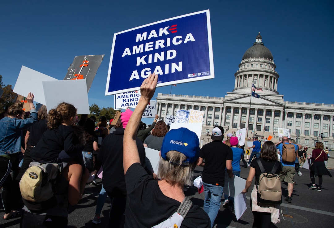(Francisco Kjolseth  |  The Salt Lake Tribune) Demonstrators gather in Salt Lake City, uniting with Women’s March rallies happening in Washington D.C. and around the country on Saturday, Oct. 17, 2020, to signal their opposition to President Donald Trump and his agenda, including his push to fill the seat of late Supreme Court Justice Ruth Bader Ginsburg before election day.