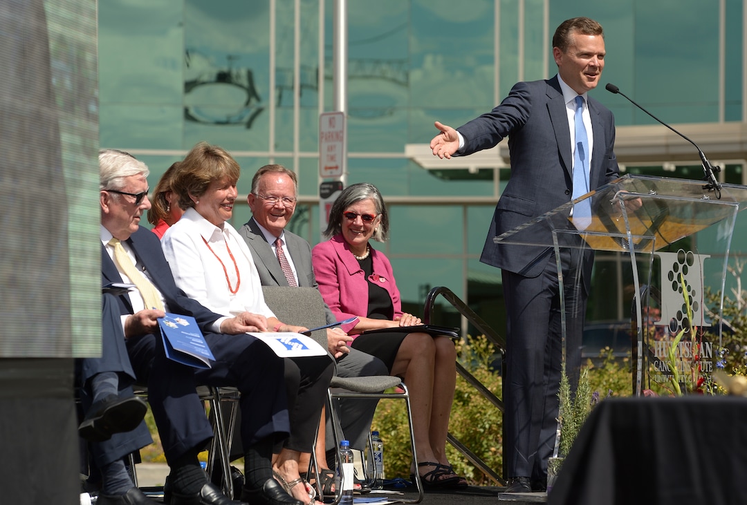(Leah Hogsten  |  The Salt Lake Tribune) Peter R. Huntsman, Chairman and CEO of the Huntsman Cancer Foundation, gestures to his mother Karen Huntsman while sharing a story about her good humor and his father, the late Jon M. Huntsman, during the groundbreaking ceremony for the Kathryn F. Kirk Center for Comprehensive Cancer Care and Women’s Cancers at Huntsman Cancer Institute, September 5, 2019.