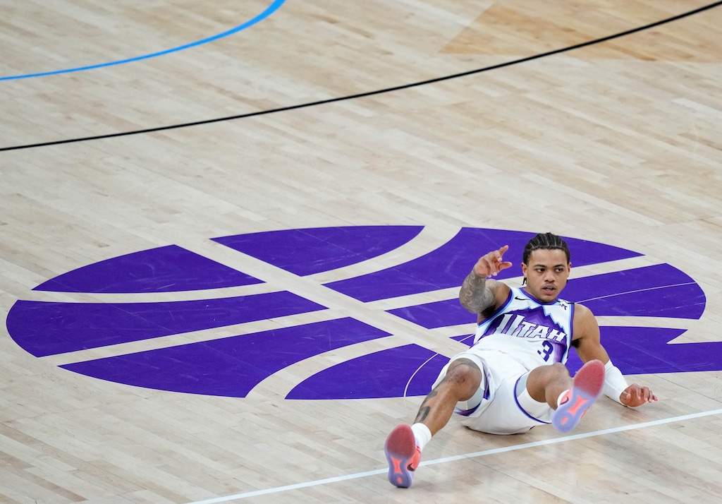 (Francisco Kjolseth | The Salt Lake Tribune) Utah Jazz guard Keyonte George (3) ends up on the floor as the Utah Jazz host the Los Angeles Lakers, NBA basketball in Salt Lake City on Thursday, Dec. 18, 2025.