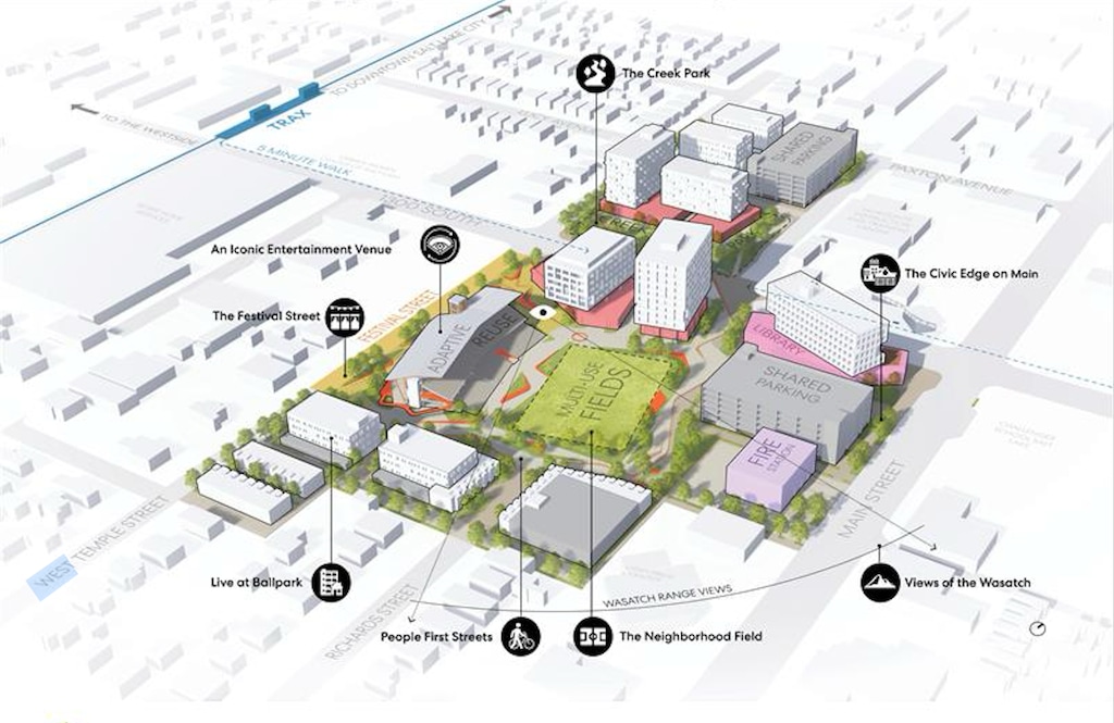 (Salt Lake City Community Reinvestment Agency, via Perkins & Will) Rendering of a site map for Ballpark NEXT, Salt Lake City's latest vision for remaking Smith's Ballpark into a community asset with a new entertainment venue, fire station, housing, shared green spaces and other amenities.