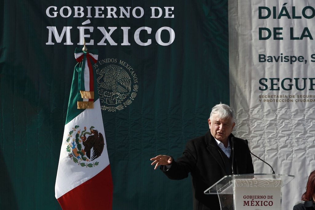 (Christian Chavez | AP) Mexico President Andrés Manuel López Obrador speaks during his visit to the small town of La Mora, Sonora state, Mexico, Sunday Jan. 12, 2020. López Obrador said Sunday there is an agreement to establish a monument will be put up to memorialize nine U.S.-Mexican dual citizens ambushed and slain last year by drug gang assassins along a remote road near New Mexico.