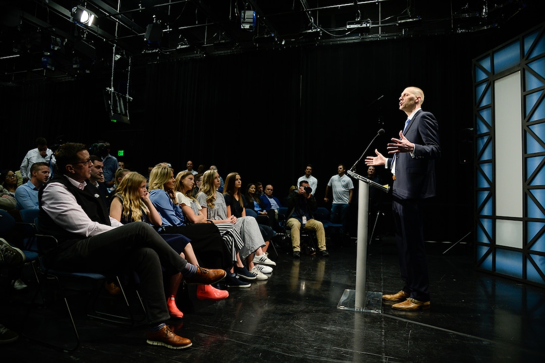 (Francisco Kjolseth  |  The Salt Lake Tribune)  Mark Pope takes questions from the media after being announced as BYU's new head basketball coach during a press event at the BYU broadcasting building on Wed. April 10, 2019.