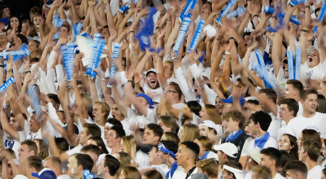(Francisco Kjolseth | The Salt Lake Tribune) Brigham Young Cougar fans shake do the wave as they cheer on the Cougars against the Arizona State Sun Devils at LaVell Edwards Stadium in Provo, on Saturday, Sept. 18, 2021.