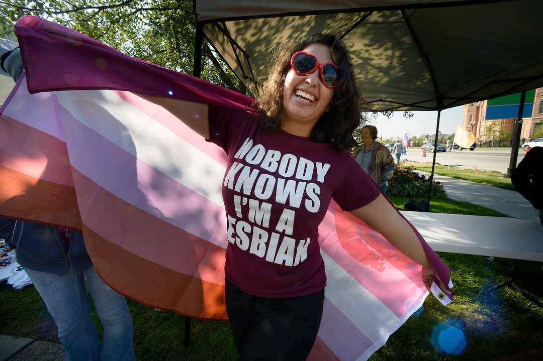 (Scott Sommerdorf   |  The Salt Lake Tribune)   Sabina Mendoza celebrates her t-shirt message at the fifth annual Provo Pride Festival, Saturday, September 16, 2017.