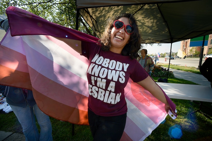 (Scott Sommerdorf   |  The Salt Lake Tribune)   
Sabina Mendoza celebrates her t-shirt message at the fifth annual Provo Pride Festival, Saturday, September 16, 2017.
