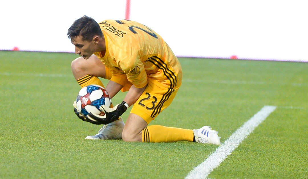 (Leah Hogsten  |  The Salt Lake Tribune) Los Angeles FC goalkeeper Pablo Sisniega (23) makes a stop as Real Salt Lake hosts Los Angeles Football Club in the fourth round of the Lamar Hunt U.S. Open Cup, June 11, 2019 at Rio Tinto Stadium in Sandy.