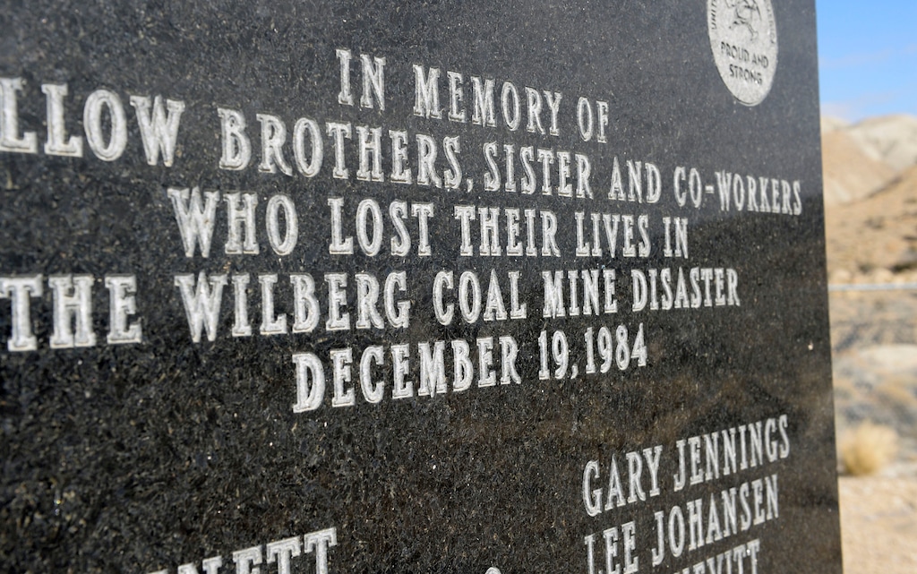 Al Hartmann  |  The Salt Lake Tribune
Monument to the 27 coal miners who died in the Dec. 19, 1984, Wilberg Mine fire, the state's worst disaster of the past 86 years.  The monument is near Orangeville just downhill from the mine in the distant hills.