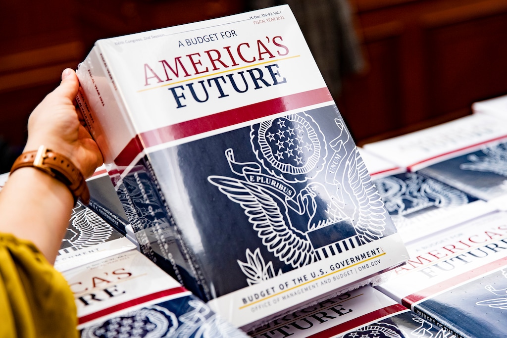 (Samuel Corum | The New York Times) President Trump’s budget proposal for the 2021 fiscal year presented in Washington on Feb. 10, 2020.