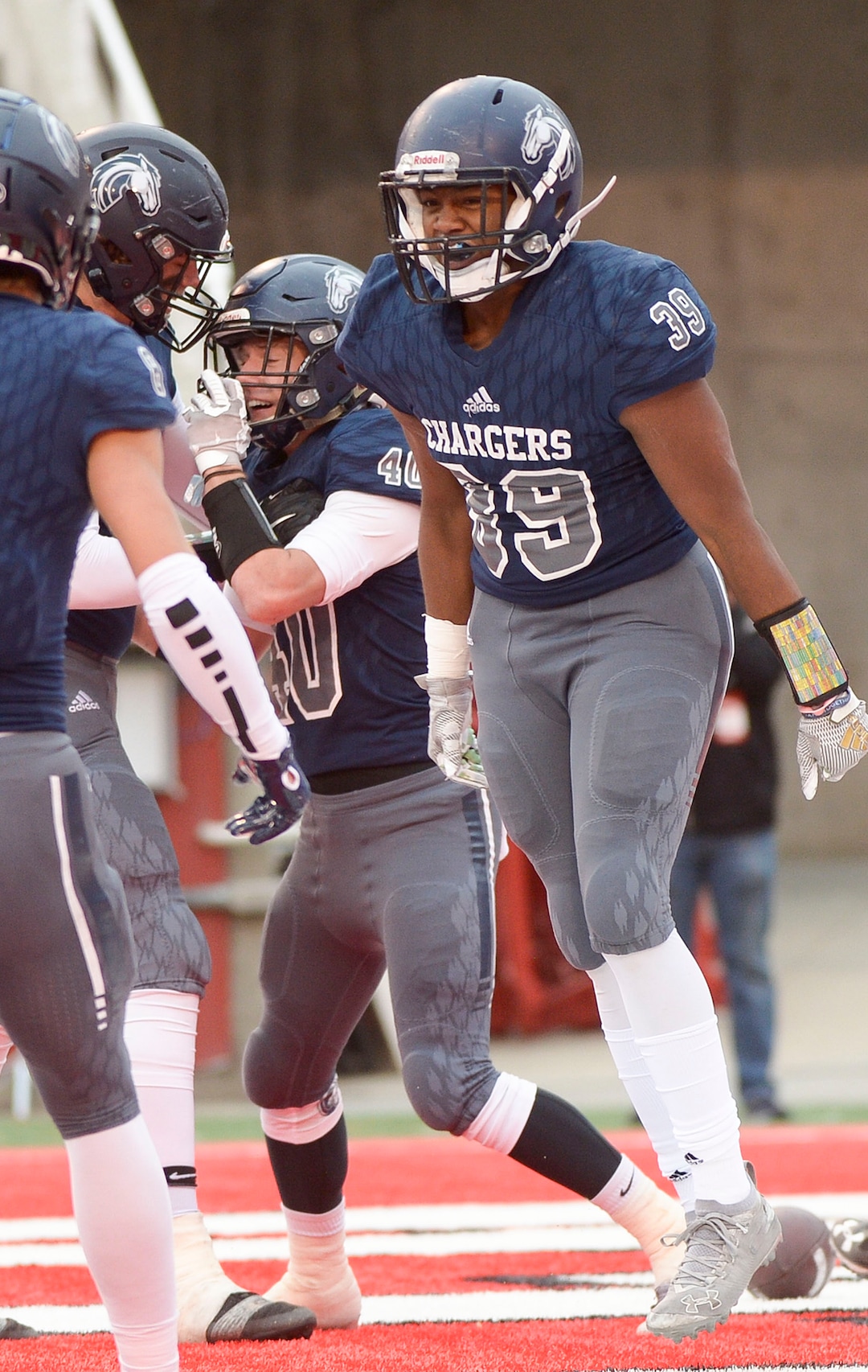 (Leah Hogsten  |  The Salt Lake Tribune)  Corner CanyonÕs John Glavin celebrates Dylan Simons touchdown. Corner Canyon High School takes on American Fork High School during the 6A State Championship football title, Nov. 22, 2019 at Rice-Eccles Stadium.
