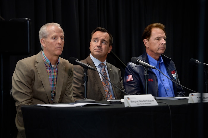 (Scott Sommerdorf | The Salt Lake Tribune)
Senate President Wayne Niederhauser, left,
Speaker of the House Greg Hughes, center, and
former Salt Lake Organizing Committee COO Fraser Bullock listen as members of the newly-announced Olympic/Paralympic Exploratory Committee (OEC) met with members of the media to outline their reasons for exploring the possibility of hosting a future Olympic Winter Games, Thursday, October 19, 2017.