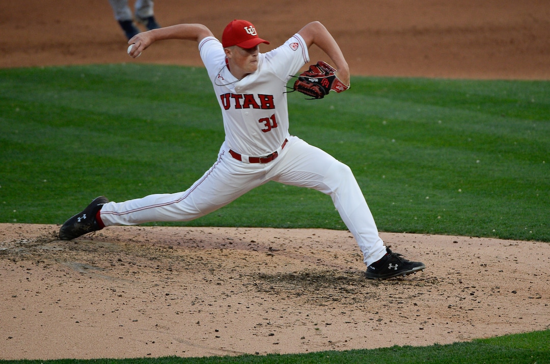 (Francisco Kjolseth  |  The Salt Lake Tribune)  Zac McCleve spreads his wings as he pitches against BYU as the two teams renew their rivalry on the baseball diamond as they battle it out at Smith's Ballpark in Salt Lake City on Tuesday, May 14, 2019.